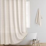 BESBESME Boho Farmhouse Shower Curtain Set with Hooks, Linen Rustic Heavy-Duty Fabric Water Repellent Vintage Country Bathroom Shower Curtain with Tassels, Plaid Thick Shower Curtain, Beige, 72"x72"