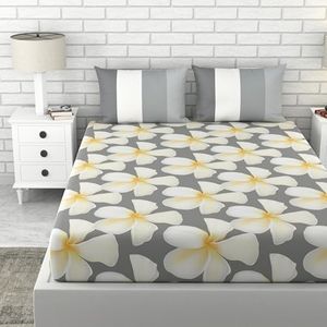 LORETO - A QUALITY LINEN BRAND 100% Cotton Bedsheet for Double Bed, 1 Double Bedsheet with 2 Pillow Covers | 144 TC Queen Size Double Bedsheet Cotton, Floral (White & Grey)