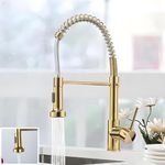 INART Designer Brass Single Handle High Arc Spring Pull Out Kitchen Sink Faucet/Hot & Cold Water Mixer Tap with Pull Down Sprayer Multitask Mode- Gold Color