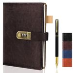 Diary with Lock for Men and Women, A5 Vintage Leather Journal with Lock for Boy and Girl, 200 Pages Refillable Lined Password Notebook with Pen for Personal Daily Writing Travel - Dark Brown