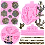 RFGHAC Pirate Silicone Molds Anchor Rope Fondant Mold Sailing Boat Hook Mold Treasure Coins Candy Mold For Cake Decorating Chocolate Polymer Clay Gum Paste Cupcake Topper Set Of 4