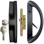 Patio Sliding Door Handle Set with Mortise Lock, Key Cylinder and Face Plate, Full Replacement Handle Lock Set Fits Door Thickness from 1-1/2" to 1-3/4", 3-15/16" Screw Hole Spacing, Black