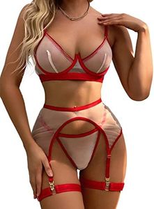 Lilosy Sexy Underwire Colorful Kawaii Cute Sheer Garter Belt Lingerie Set Bra and Panty 3 Piece, Strappy Red, Medium