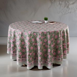 CPC Round Tablecloth- Cotton Indian Block Print Tablecloth -Handmade Printed Washable Cotton Table Cloth - Thanksgiving, Christmas Table Cover - Pink Tourmaline 110 Inches