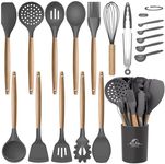 MIBOTE 17 Pcs Silicone Cooking Kitchen Utensils Set with Holder, Wooden Handles Silicone Turner Tongs Spatula Spoon Kitchen Gadgets Utensil Set for Nonstick Cookware (Grey)