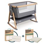 Tutti Bambini CoZee® Air Crib Bundle - Bedside Crib with 2 Sheets, Mattress Protector, and Mattress Included - Oak & Charcoal crib, Grey/Cloud sheets, Waterproof Protector