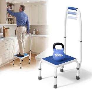 AdjustaStep(tm) Deluxe Step Stool/Footstool with Handle/Handrail, Height Adjustable. 2 Products in 1. Modern White/Blue Design. Padded Non-Slip Handle. 300 lb. Capacity