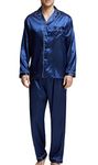 Men’s Sleepwear Satin Pyjama Set Nightwear Loungewear (Blue with White Piping, X-Large)