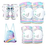 SULIFEEL Shiny Knee Pads for Kids Knee Elbow Pads Wrist Guards for Girls Boys Adjustable Protective Gear Set with Drawstring Bag Rainbow Unicorn