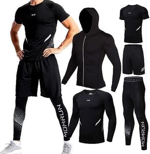 BOOMCOOL Ensemble d'entraînement 5 pièces comprenant chemise de compression pantalon veste à capuche pour homme sports de plein air course à pied intérieur fitness, E, Large