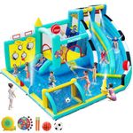 FINCOME Inflatable Bounce House Double Water Slides, Large Bounce Castle for Kids 3-12 with 550W Blower Pool Jumping Space Climbing Balls Ring Toss, Bouncy House Water Park for Party Holiday Birthday