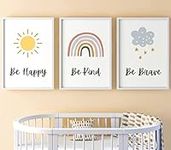 Rainbow Sunshine Cloud Quotes Set of 3 Unframed Prints, Girls Boys Nursery Bedroom Decor Wall Art, Playroom Poster, Be Happy Be Kind Be Brave (A4)