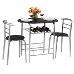 KOTEK 3 Piece Dining Set, Indoor Bistro Set 2 Chairs and Table w/Storage Shelf, Metal Frame, Compact Kitchen Table & Chairs Set for 2, Small Space, Apartment (Silver & Black)