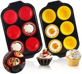 Vicalo Muffin Trays, 2 Pieces Mini Silicone Carbon Steel Muffin Cake Tin, Holds 12 Muffins, Non-Stick Coating Baking Pan with High Temperature Resistance,Cupcakes Brownies (Red and Yellow)