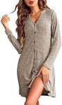 Ekouaer Long Sleeve Pajamas Shirt Ribbed Knit Womens Night Shirts for Sleeping Button Down Nightgown Nursing Clothes Camel