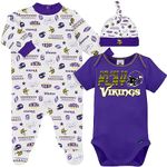 Gerber NFL Minnesota Vikings 3 Pack Bodysuit Sleep n Play Footie Cap Registry Gift Set, purple/white Minnesota Vikings, 0-3M