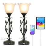 Bedside Lamps Set of 2, Table Lamp with USB Port 3 Way Dimmable Touch lamp Torchiere Nightstand Lamps with Rustic Vines Leaf and Glass Flower Shade lamp for Bedroom, Living Room, Office