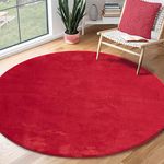 the carpet Relax Modern Fluffy Short Pile Rug, Non-Slip Underside, Washable up to 30 Degrees, Super Soft, Fur Look, Red, 120 x 120 cm Round