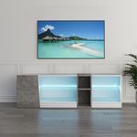 Mondeer TV Unit, TV Stand Cabinet with Led Lights 5 Open Compartments and 1 Door, for 55inch TVs, for Living Room Bedroom, W140 x H45 x D37.5 cm, White and Grey
