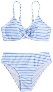 COZYEASE Girls' 2 Piece Ditsy Floral Print Knot Front Ruched Triangle Bikini Swimsuit Striped Blue 13Y