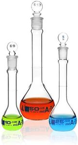 EISCO Premium Volumetric Flask Set - 10ml, 25ml & 50ml - Class A, ASTM E288 - Superior Durability & Chemical Resistance - Glass Penny Stoppers - Borosilicate 3.3 Glass