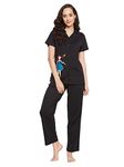 Clovia Women's Cotton Printed Button Down Shirt & Pyjama Set (LS0025D13_Black_L)