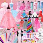 WSNDM 400+ Pieces Fashion Design Girls, DIY Arts and Craft Set, Sewing Kits, Sketchbook Fabric Scissors, Fashion Design Craft Sewing Set Set, with 3 Mannequins, Educational Toy, for Girls Children 8 9