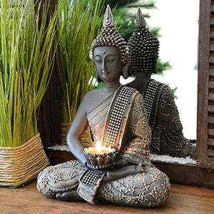 INtrenDU - Figura decorativa con diseño de Buda chino de 31 cm. con candelabro, decoración zen para interior Feng Shui