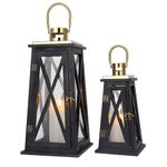 TRIROCKS Set of 2 Farmhouse Wooden Lantern 12''&18'' Metal Decorative Candle Holders with Tempered Glass Rustic Outdoor Lantern for Home Christmas Patio Wedding Parties Indoor Outdoor(Black Trapezoid)