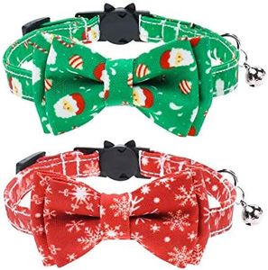 Malier 2 Pack Christmas Cat Collars Breakaway with Bow Tie and Bell, Classic Buffalo Plaid Kitten Collar with Cat Bow Tie Cat Collar for Cats Kitty Kitten Cat Stocking (Christmas)