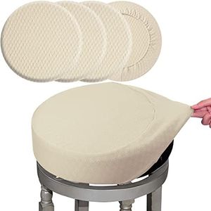 BUYUE 4 Pcs Bar Stool Covers, Luxury Fabric Dia.16-18" Round Stretchy Crease-Resistant Washable Jacquard Dustproof Stool Seat Slipcover, L-Beige-Set of 4