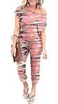 YUNDAI Women Loose Casual Off Shoulder Jumpsuit Elastic Waist Stretchy Long Romper with Pockets XL, Camo Pink