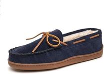 Minnetonka Men's 100% Suede Pile Lined Hardsole Slipper, Moccasin Slippers with Soft Suede and Thick Pile Lining, Dark Navy, 10 M