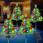 4-Pack Solar Prelit Christmas Tree Pathway Lights, 8 Modes Solar Christmas Yard Stake Lights, Waterproof Small Xmas Tree Christmas Lights for Christmas Outdoor Yard Garden