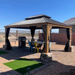 12’ x 16’ Hardtop Gazebo Outdoor Aluminum Wood Grain Gazebos with Galvanized Steel Double Canopy for Patios Deck Backyard,Curtains&Netting by domi outdoor living