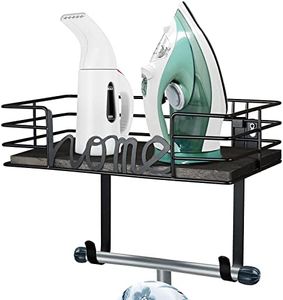 TJ.MOREE Ironing Board Hanger Wall Mount- Laundry Room Decor- Iron and Ironing Board Holder, Laundry Room Organization and Storage with Large Storage Dark Gray Wooden Base Basket and Removable Hooks