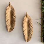 Art Street Golden Feather Design Tray MDF Wall Plate for Living Room, Decorative Wall Hanging Carved Decal for Home Décor (Set of 2, 5.2x15.5 Inch)