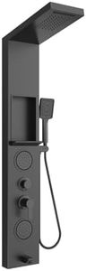 ELLO&ALLO Shower Panel System Tower with Shelf, Rainfall and Waterfall Head Rain Massage Stainless Steel Bathroom Fixtures with Adjustable Body Jets, Black