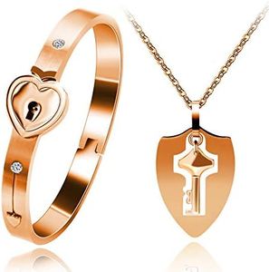 Uloveido Shield Key Pendant Necklace and Lock Bracelet for Girls Boys Couple Necklace Bracelet Set for Men and Women Anniversary Birthday Gift, You Hold the Key to My Heart Y473/Y474, Metal, Cubic