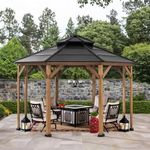 SUNJOY 4.3x4.3m Octagon 8 Posts Wooden Gazebo, Hardtop 2-Tiers Steel Roof, Cedar Frame, Snow & UV Resistance, Outdoor Permanent Pavilion for Shade, Garden Deck Shelter, Black