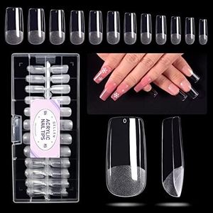 Gellen Square Fake Nails 504Pcs Nail Tips, Acrylic Nail Kit Square Pre-Shaped Press On Nails, Clear False Nail Extension Kit, Full Cover Soft Gel Nail Tips, Home Salon Nail Art Manicure Set, 12 Sizes