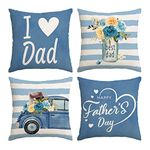 Happy Fathers Day Pillow Covers 18x18 Set of 4 Blue Floral Throw Pillow Covers I Love Dad Cushion Covers Pillow Case Gift for Papa Grandpa Birthday Home Outdoor Sofa Couch Decoration (18 by 18)