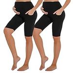 Mcilia Maternity Breathable Stretchy Knee Length Short Leggings with Pockets 2-Pack Black Large