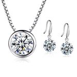 PRETTERY 925 Sterling Silver Jewellery Set for Women, Teardrop Fish Hook Dangle Drop Earrings with Round AAA Cubic Zirconia Necklace Set for Wedding Event Party