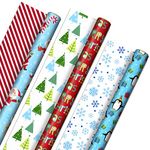 Hallmark Cute Reversible Christmas Wrapping Paper for Kids (3 Rolls: 120 sq. ft. TTL) Penguins, Santa, Trees, Stripes, Snowflakes, Merry Christmas