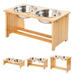 FOREYY Raised Dog Bowls for Cats and Dogs - Bamboo Elevated Dog Cat Food and Water Bowls Stands Feeder Dishes with 2 Stainless Steel Bowls and Anti Slip Feet (Large - 25.4 cm high)