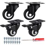 Plate Casters, DICASAL 2" Swivel Rubber Heavy Duty Furniture Castors Rollers, PU Non-Marking Noiseless Wheels 2 with Brakes and 2 Unlocks Black