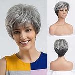 BESTUNG Old Middle Age Women's Short Silver Wig Synthetic Fiber Hair Wigs For Mother Grandmother Grandma with Comfort Breathable Cap (straight grey)