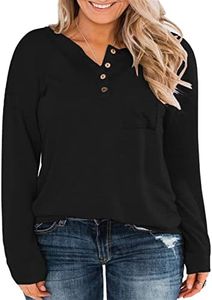 VISLILY Plus-Size Tops for Women Long Sleeve Button Up Henley Shirts, 06_black, 16 Plus