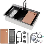 33 x 22 inch Kitchen Sink, Single Bowl Stainless Steel Sink Multifunctional Drop In Sink with Pull-Down Faucet and Multiple Accessories (black grey, 33 * 22 inch)